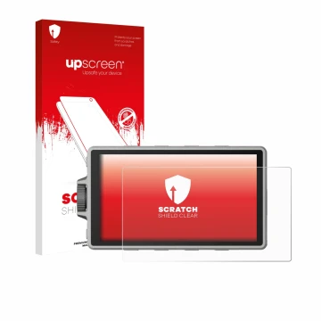 Face avant d’un emballage produit avec le logo de la marque upscreen. À côté, l’appareil DJI Ronin 4D est représenté avec la p