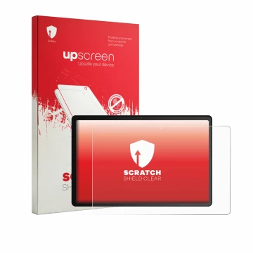 Face avant d’un emballage produit avec le logo de la marque upscreen. À côté, l’appareil Whitedeer WHTG1301 10.1
