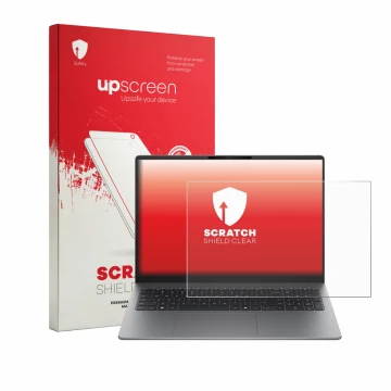 Face avant d’un emballage produit avec le logo de la marque upscreen. À côté, l’appareil HP 200 G2a 16