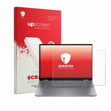 Face avant d’un emballage produit avec le logo de la marque upscreen. À côté, l’appareil HP OmniBook X Flip 2-in-1 AI 16-cc079