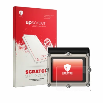 Face avant d’un emballage produit avec le logo de la marque upscreen. À côté, l’appareil Shearwater Petrel 3 dive computer est