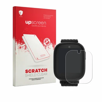 Face avant d’un emballage produit avec le logo de la marque upscreen. À côté, l’appareil Xplora X6 Play eSIM (2ème génération)