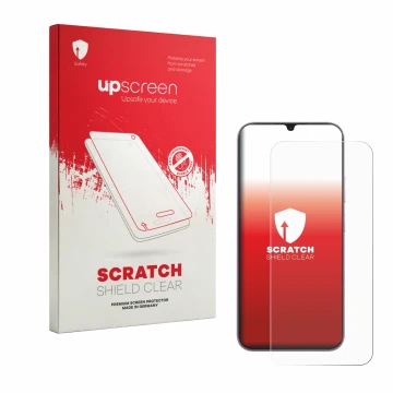 Face avant d’un emballage produit avec le logo de la marque upscreen. À côté, l’appareil realme C100i est représenté avec la p