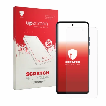 Face avant d’un emballage produit avec le logo de la marque upscreen. À côté, l’appareil Motorola Moto G57 est représenté avec