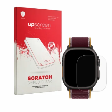 Face avant d’un emballage produit avec le logo de la marque upscreen. À côté, l’appareil Apple Watch Ultra 4 (49 mm) est repré