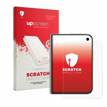 Face avant d’un emballage produit avec le logo de la marque upscreen. À côté, l’appareil Apple iPhone Duo est représenté avec 