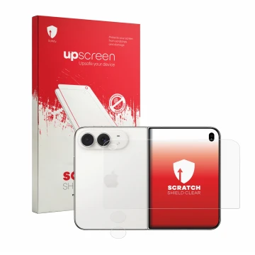 Face avant d’un emballage produit avec le logo de la marque upscreen. À côté, l’appareil Apple iPhone Duo (Avant+Caméra) est r