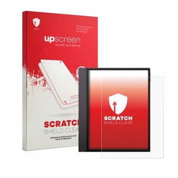 Face avant d’un emballage produit avec le logo de la marque upscreen. À côté, l’appareil Boox Note Air 6 C est représenté avec