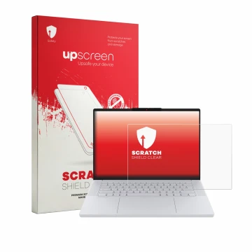 Face avant d’un emballage produit avec le logo de la marque upscreen. À côté, l’appareil Lenovo Googlebook 15 est représenté a