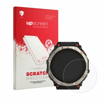 Face avant d’un emballage produit avec le logo de la marque upscreen. À côté, l’appareil Huami Amazfit T-Rex Dual Solar est re