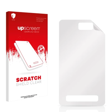 Face avant d’un emballage produit avec le logo de la marque upscreen. À côté se trouve la protection d’écran correspondante.