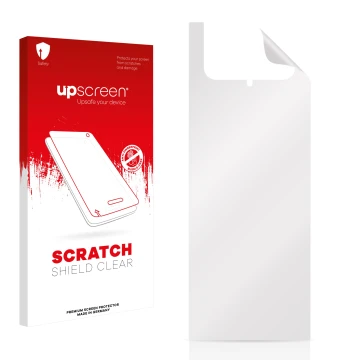 Face avant d’un emballage produit avec le logo de la marque upscreen. À côté se trouve la protection d’écran correspondante.