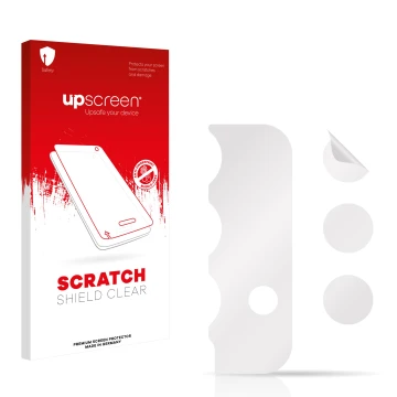 Face avant d’un emballage produit avec le logo de la marque upscreen. À côté se trouve la protection d’écran correspondante.