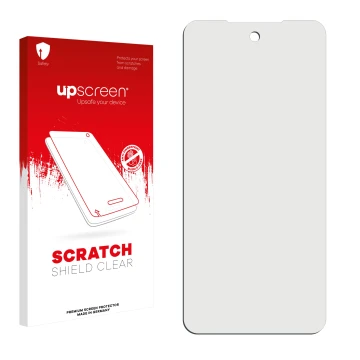 Face avant d’un emballage produit avec le logo de la marque upscreen. À côté se trouve la protection d’écran correspondante.