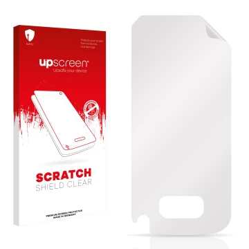 Face avant d’un emballage produit avec le logo de la marque upscreen. À côté se trouve la protection d’écran correspondante.