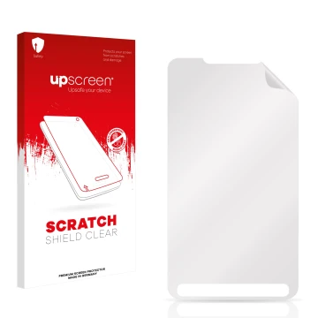 Face avant d’un emballage produit avec le logo de la marque upscreen. À côté se trouve la protection d’écran correspondante.