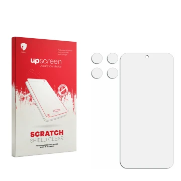 Face avant d’un emballage produit avec le logo de la marque upscreen. À côté se trouve la protection d’écran correspondante.