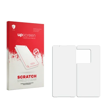 Face avant d’un emballage produit avec le logo de la marque upscreen. À côté se trouve la protection d’écran correspondante.