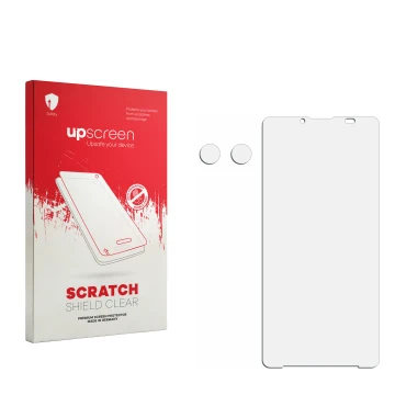 Face avant d’un emballage produit avec le logo de la marque upscreen. À côté se trouve la protection d’écran correspondante.