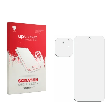 Face avant d’un emballage produit avec le logo de la marque upscreen. À côté se trouve la protection d’écran correspondante.