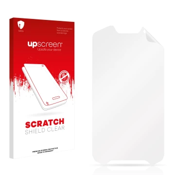 Face avant d’un emballage produit avec le logo de la marque upscreen. À côté se trouve la protection d’écran correspondante.