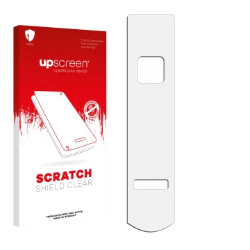 Face avant d’un emballage produit avec le logo de la marque upscreen. À côté se trouve la protection d’écran correspondante.