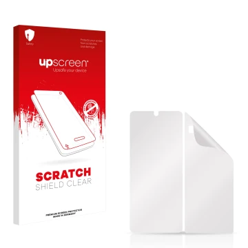 Face avant d’un emballage produit avec le logo de la marque upscreen. À côté se trouve la protection d’écran correspondante.