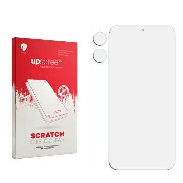 Face avant d’un emballage produit avec le logo de la marque upscreen. À côté se trouve la protection d’écran correspondante.