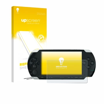 Face avant d’un emballage produit avec le logo de la marque upscreen. À côté, l’appareil Sony PSP 1000 est représenté avec la 