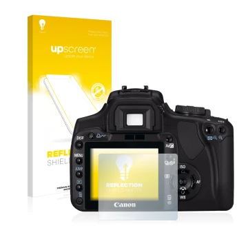 Face avant d’un emballage produit avec le logo de la marque upscreen. À côté, l’appareil Canon EOS 400D est représenté avec la