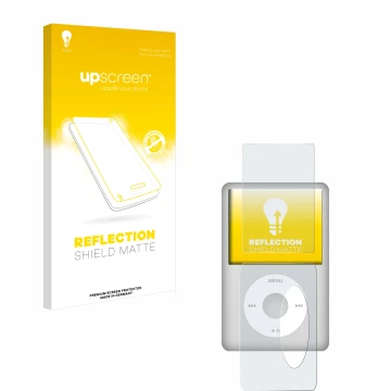 Face avant d’un emballage produit avec le logo de la marque upscreen. À côté, l’appareil Apple iPod Classic (Avant+Arrière, 5.