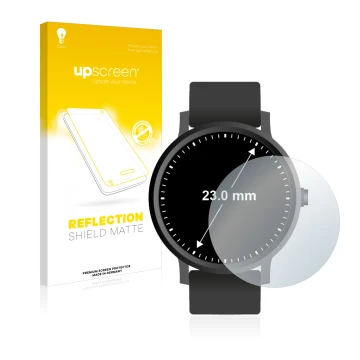 Face avant d’un emballage produit avec le logo de la marque upscreen. À côté, l’appareil Montres (Circulaire, ø: 23 mm) est re