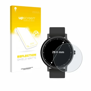 Face avant d’un emballage produit avec le logo de la marque upscreen. À côté, l’appareil Montres (Circulaire, ø: 29 mm) est re