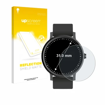 Face avant d’un emballage produit avec le logo de la marque upscreen. À côté, l’appareil Montres (circulaire, ø: 31 mm) est re