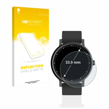 Face avant d’un emballage produit avec le logo de la marque upscreen. À côté, l’appareil Montres (Circulaire, ø: 33 mm) est re