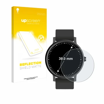 Face avant d’un emballage produit avec le logo de la marque upscreen. À côté, l’appareil Montres (Circulaire, ø: 39 mm) est re