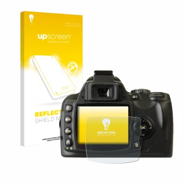 Face avant d’un emballage produit avec le logo de la marque upscreen. À côté, l’appareil Nikon D40x est représenté avec la pro