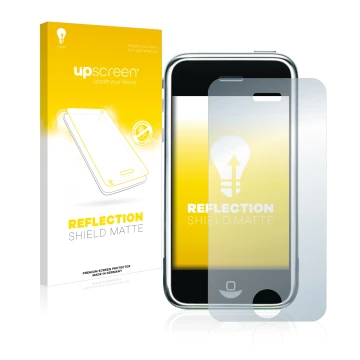 Face avant d’un emballage produit avec le logo de la marque upscreen. À côté, l’appareil Apple iPhone 2G est représenté avec l