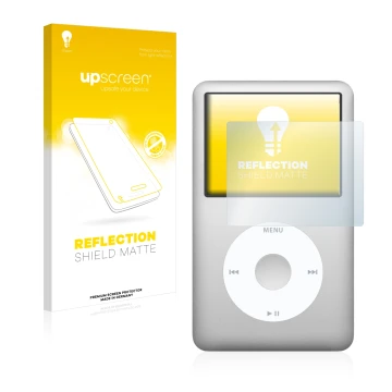 Face avant d’un emballage produit avec le logo de la marque upscreen. À côté, l’appareil Apple iPod Classic (6ème Gen.) est re