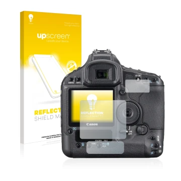 Face avant d’un emballage produit avec le logo de la marque upscreen. À côté, l’appareil Canon EOS 1Ds Mark III est représenté