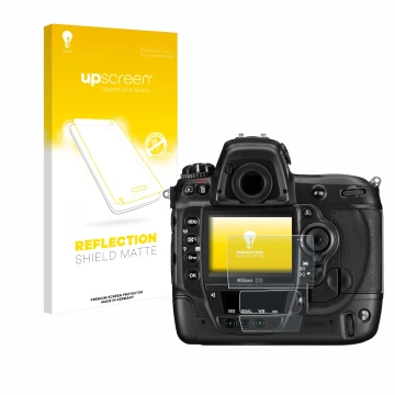 Face avant d’un emballage produit avec le logo de la marque upscreen. À côté, l’appareil Nikon D3 est représenté avec la prote