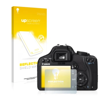 Face avant d’un emballage produit avec le logo de la marque upscreen. À côté, l’appareil Canon EOS 450D est représenté avec la