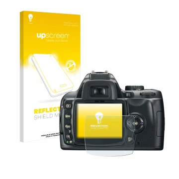 Face avant d’un emballage produit avec le logo de la marque upscreen. À côté, l’appareil Nikon D60 est représenté avec la prot