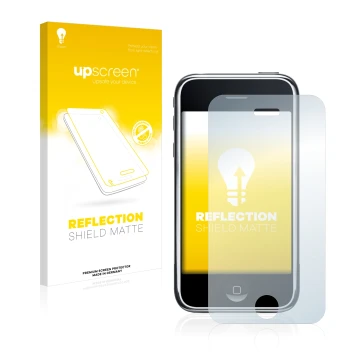 Face avant d’un emballage produit avec le logo de la marque upscreen. À côté, l’appareil Apple iPhone 3G est représenté avec l