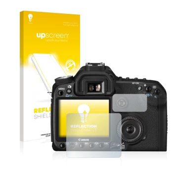 Face avant d’un emballage produit avec le logo de la marque upscreen. À côté, l’appareil Canon EOS 50D est représenté avec la 