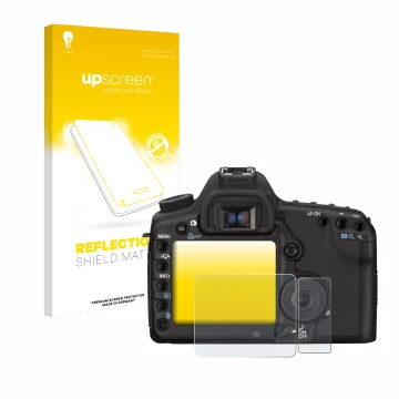 Face avant d’un emballage produit avec le logo de la marque upscreen. À côté, l’appareil Canon EOS 5D Mark II est représenté a
