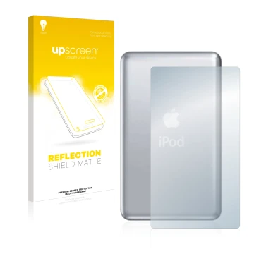 Face avant d’un emballage produit avec le logo de la marque upscreen. À côté, l’appareil Apple iPod classic 120 GB (Arrière, 7