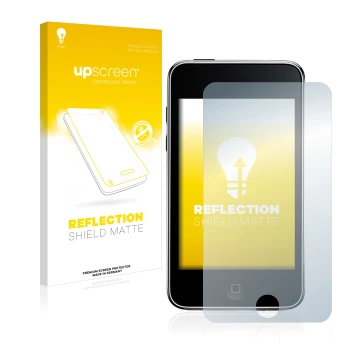 Face avant d’un emballage produit avec le logo de la marque upscreen. À côté, l’appareil Apple iPod Touch (2e Gen.) est représ