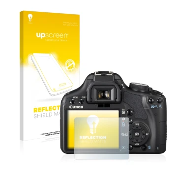 Face avant d’un emballage produit avec le logo de la marque upscreen. À côté, l’appareil Canon EOS 500D est représenté avec la