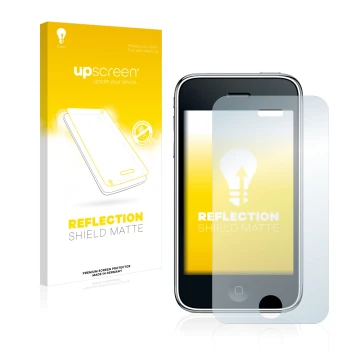 Face avant d’un emballage produit avec le logo de la marque upscreen. À côté, l’appareil Apple iPhone 3GS est représenté avec 